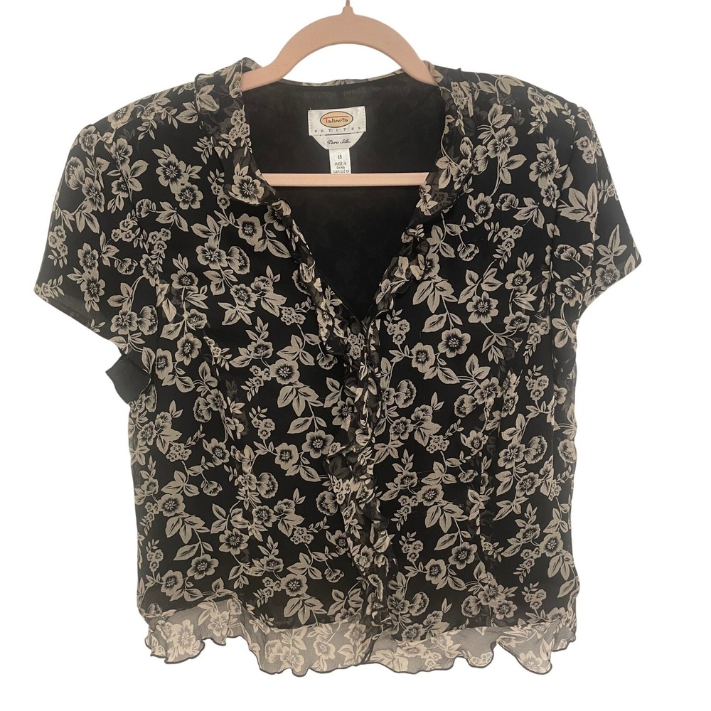 Vintage Talbots Top Silk Black Floral Ruffle V-Neck Blouse Size 16P